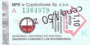 Bilet Częstochowa 1,10