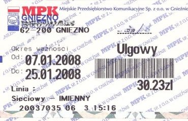 Bilet Gniezno 01,2008 30,23