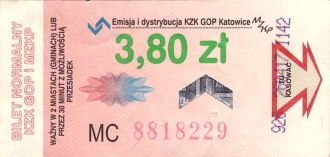 Bilet Katowice 3,80 hologram strzałka do góry długi 