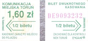 Bilet Toruń 1,60 hologram na środku pasek