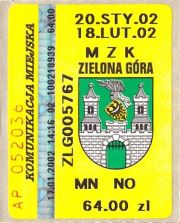Bilet Zielona Góra 64 01/02 2002
