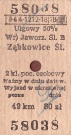 Bilet PKP Jaworzyna Śl. - Ząbkowce Śl.