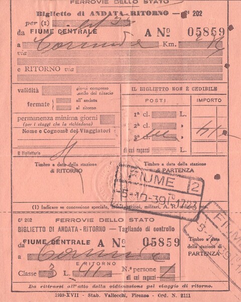 Bilet kolejowy Ferrovie dello Stato z 1939 roku, Fiume – Comeno, trzecia klasa, 5 października 1939