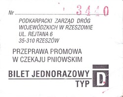 Bilet na przeprawę promową przez rzekę San w Czekaju Pniowskim, woj. podkarpackie